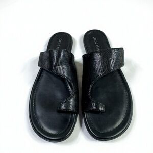 Centro Point Women’s Toe Ring Strap Black Textured Flat Sandals